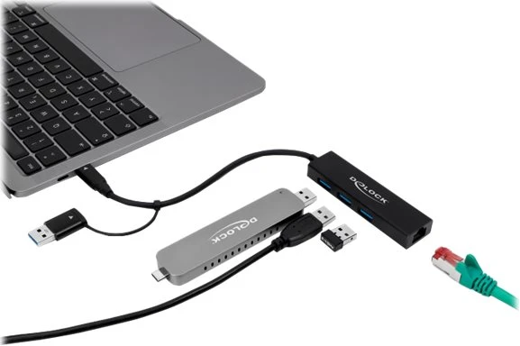 Delock 3 Port USB 3.2 Gen 1 Hub + Gigabit LAN