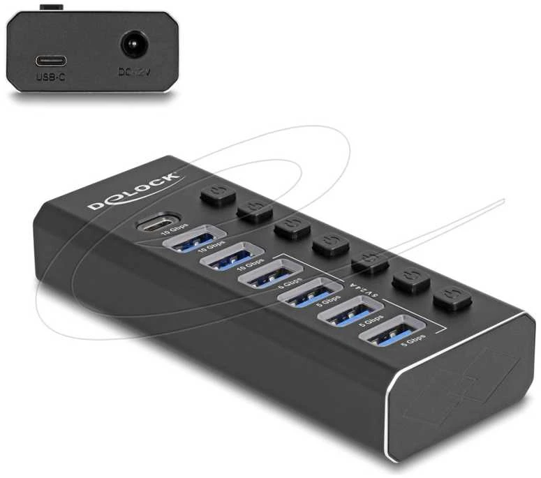 HUB USB Delock DELOCK 7 Port USB Hub mit 4 Ports 10 Gbps und 4 Schnellladeports 5 Gbps mit Schalter und Beleuchtung