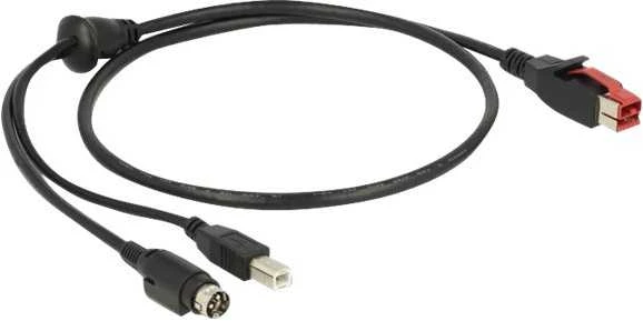 Delock PoweredUSB Kabelis Stecker 24 V > USB Typ-B Stecker + Hosiden Mini-DIN 3