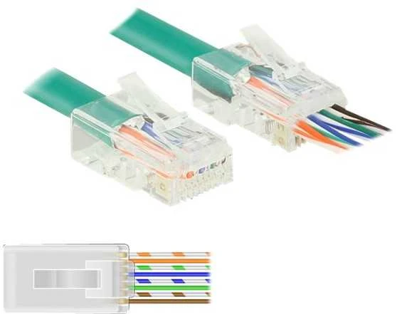 RJ45 Crimp+Cut jungtys su išlindusiais laidais