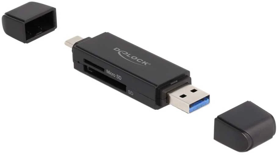 Delock USB-C ir USB-A kortelių skaitytuvas su dangteliais