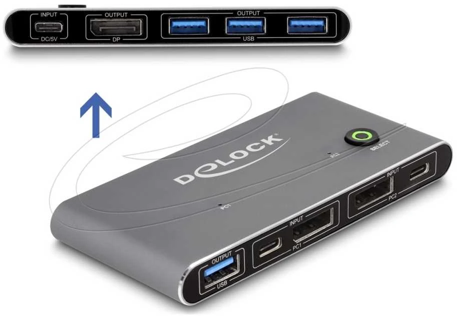 „Delock“ „DisplayPort KVM“ jungiklis, 8K, 30 Hz, su USB, 5 Gbps