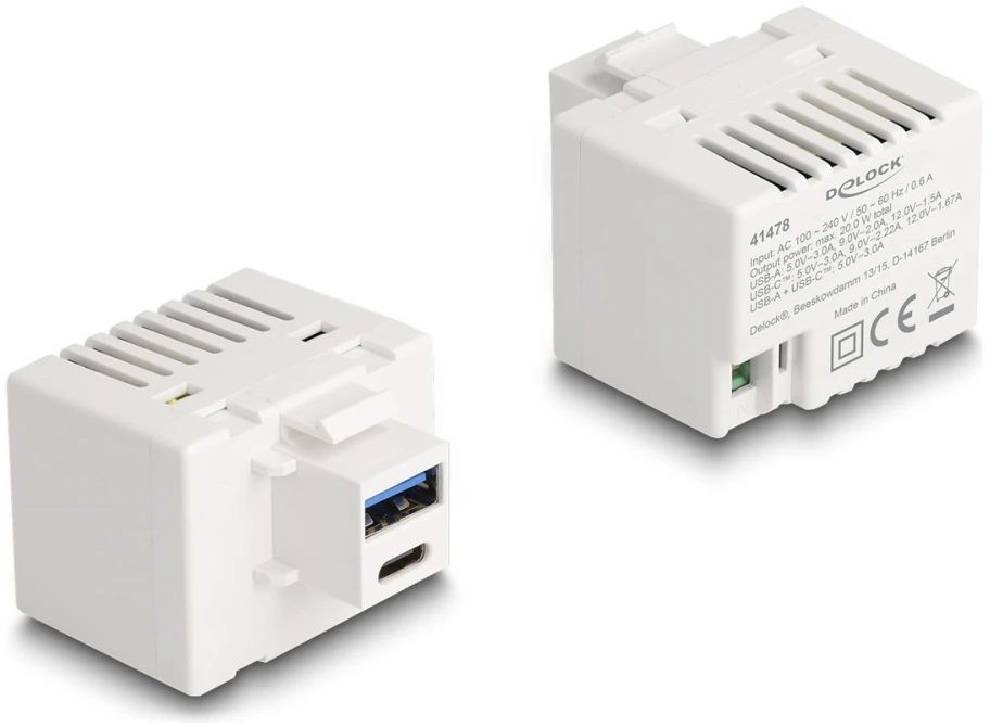 Įkroviklis Delock - Maitinimo šaltinis - 20 wat - 3 A - PD - 2 porty wyjściowe (USB Typ A, USB-C) - balta (41478)