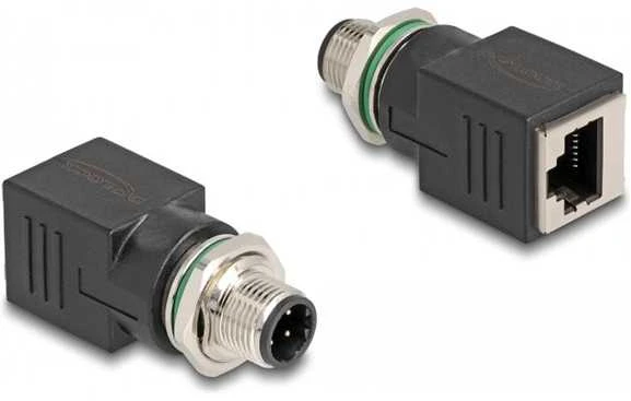 „DeLOCK“ M12 adapteris, D kodavimo, 4 kontaktų kištukas į RJ45 jungtį, tiesus, M12, RJ-45, juodas