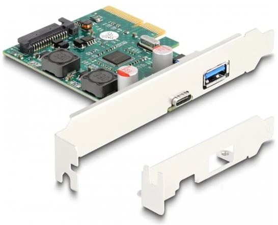 DeLOCK PCI Express x4 plokštė su 1 x išoriniu USB 10 Gbps Type-C lizdu + 1 x išoriniu USB 10 Gbps Type-A lizdu – žemo profilio formatas, PCIe, USB 3.2 Gen 2 (3.1 Gen 2), žemo profilio, PCI 3.0, SATA 15 kontaktų, žalia, pilka