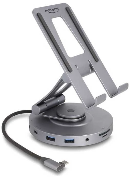 Delock HUB USB planšetinių kompiuterių ir nešiojamųjų kompiuterių prijungimo stotelė 4K su integruotu laikikliu - HDMI / USB / Hub / SD / Micro SD / PD 3.0 - 360 laipsnių pasukamas