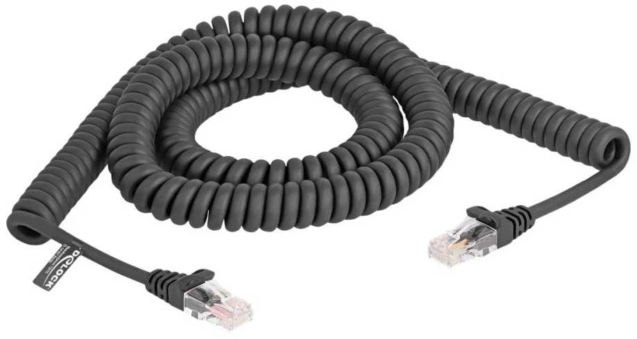 „DeLOCK“ RJ45 spiralinis kabelis, kištukas į kištuką, Cat.5e, 3 m, juodas, 3 m, Cat5e, RJ-45, RJ-45, juodas
