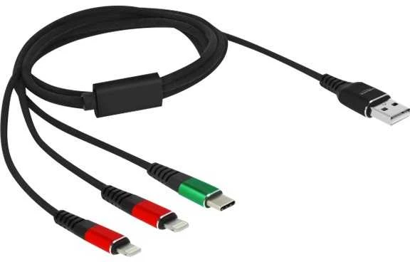 „Delock“ USB įkrovimo laidas „3 viename“ nuo A tipo iki 2 x „Lightning“ / „C“ tipo USB laidas, 1 m