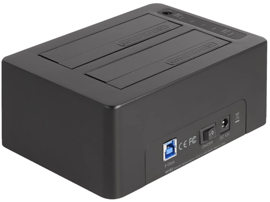 DeLOCK USB dviguba dokingo stotis 2 x SATA HDD / SSD su klonavimo funkcija ir kortelių skaitytuvu + papildomu USB prievadu, HDD, SSD, Serial ATA III, 2.5, 3.5", USB 3.2 Gen 1 (3.1 Gen 1) Type-B, juoda, plastikas