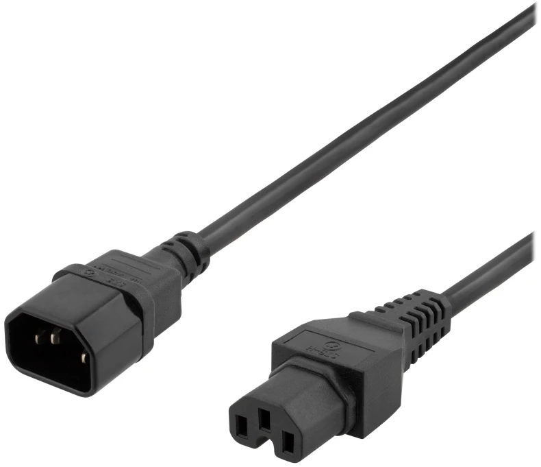 DELTACO 2m įžemintas laidas IEC 6320 C15 - IEC 6320 C14, 250V / 10A, juodas DEL-116B