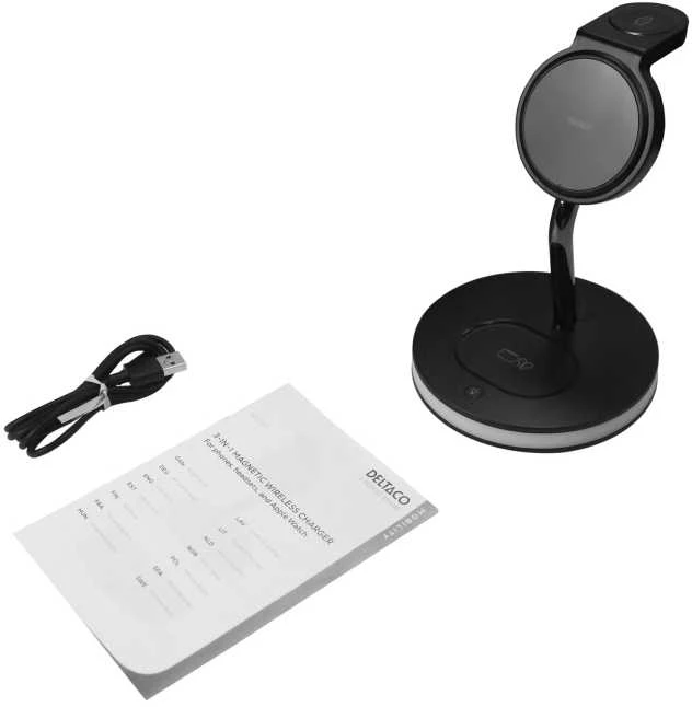 3-in-1 magnetinis belaidis įkroviklis DELTACO, telefonas/TWS/laikrodis, LED lemputė / QI-1041