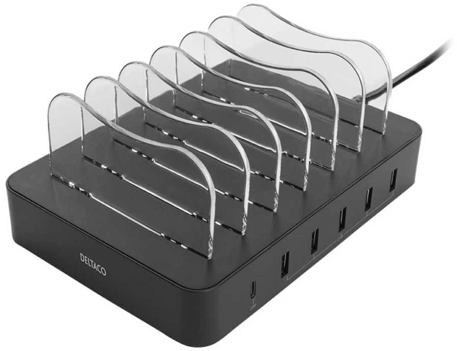 USB įkrovimo stotelė DELTACO skirta 6 įrenginiams, 5x USB-A, 1x USB-C PD, greitas krovimas, 50 W, juoda / DPS-0200