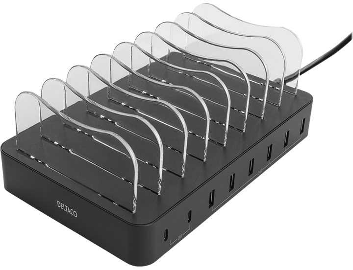 USB krovimo stotelė DELTACO skirtas 8 prietaisams, 6x USB-A, 2x USB-C PD, greitas krovimas, 75 W, juodas / DPS-0201