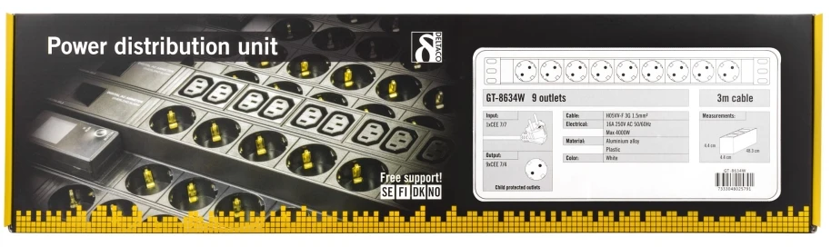 DELTACO maitinimo panelė, 9xCEE 7/4, 1xCEE 7/7, apsaugotas nuo gyvūnų, 3m, balta GT-8634W