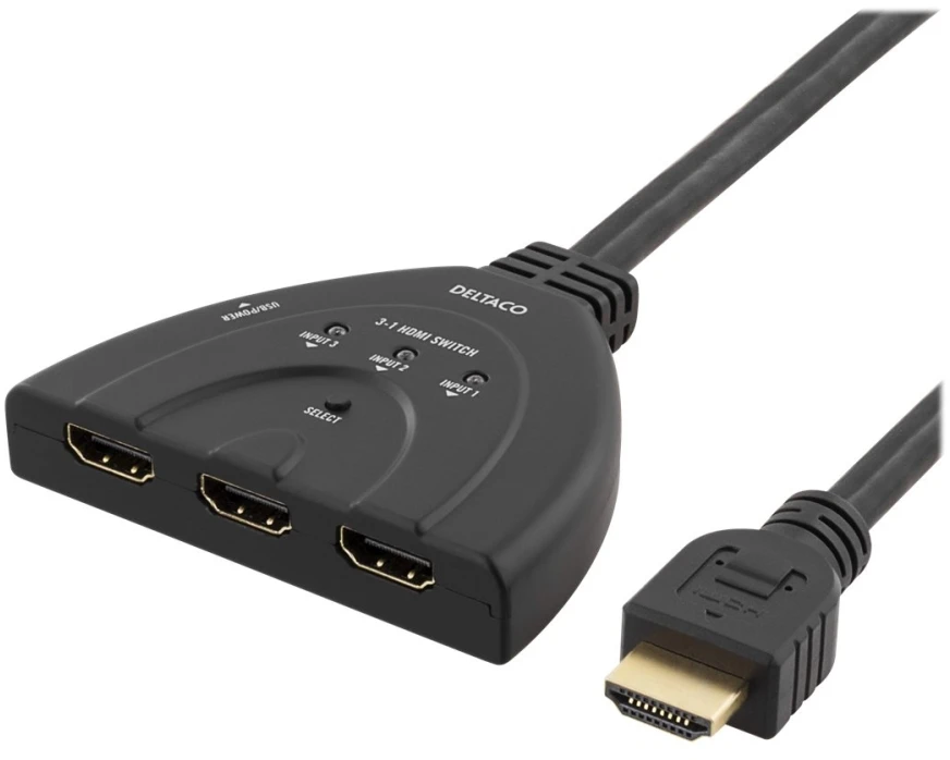 DELTACO HDMI jungiklis, 3 įėjimai į 1 išėjimą, 4K esant 60 Hz dažniui, 0,5 m laidas, 7.1 garsas, Ultra HD, juodas / HDMI-7044