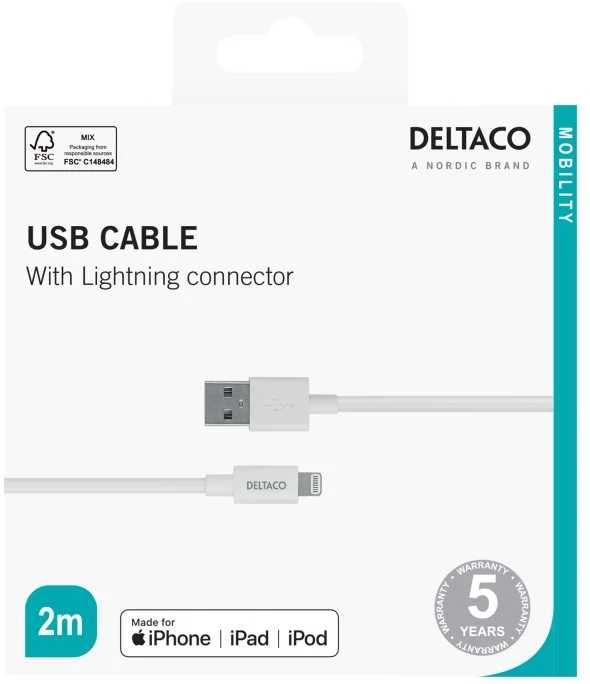 Under_Develo Lightning kabelis DELTACO USB-A -Lightning, 2m, Apple C189 chipset, MFi, FSC ženklinta pakuotė, baltas / IPLH-402