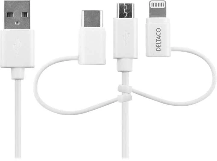 Kabelis DELTACO USB-C / Micro USB / Lightning į USB-A, 1m, Apple C189 chipsetm FSC ženklinta pakuotė, baltas / IPLH-441