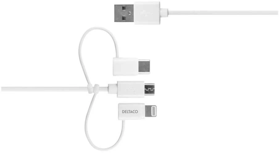 Kabelis DELTACO USB-C / Micro USB / Lightning į USB-A, 1m, Apple C189 chipsetm FSC ženklinta pakuotė, baltas / IPLH-441