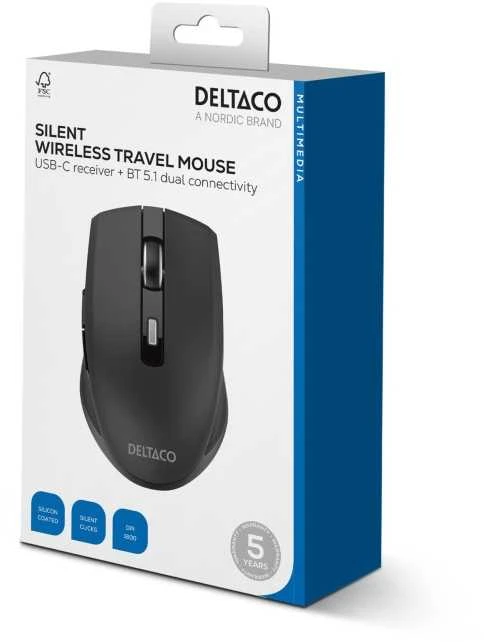 Tyli belaidė kelioninė pelė DELTACO, USB-C imtuvas, BT 5.1 dviguba jungtis / MS-813
