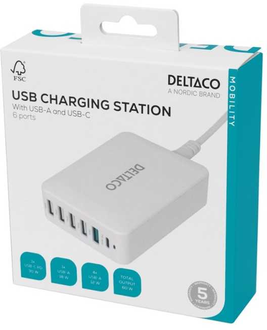DELTACO daugiafunkcis 6 USB įkroviklis, 4x USB-A, 1x USB-A 18W, 1x USB-C PD 30W / USBC-MO100 / 1902112
