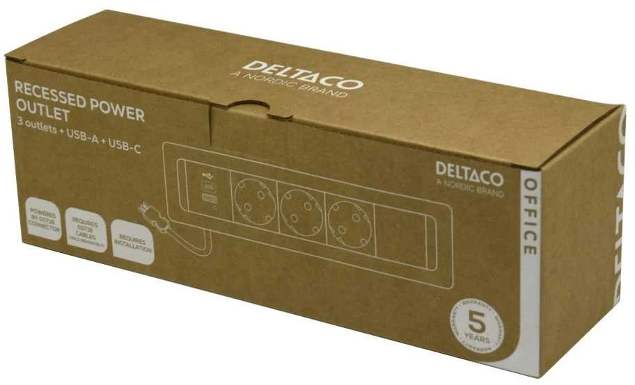 Įleidžiama maitinimo lizdo dėžutė DELTACO OFFICE, 3 lizdai, 1x21W A+C USB krovimas, GST18 / GT-1303 / 1902248