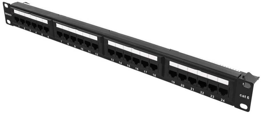 DELTACO 19 "komutacinė panelė, 24xRJ45, Cat6, UTP, 1U, 10Gbps, metalinė, juoda / PAN-112