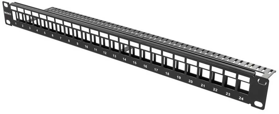 DELTACO 19 "komutacinė panelė, 24 jungtys, be jungčių, kabelio laikiklis, 1U, metalinė, juoda / PAN-113