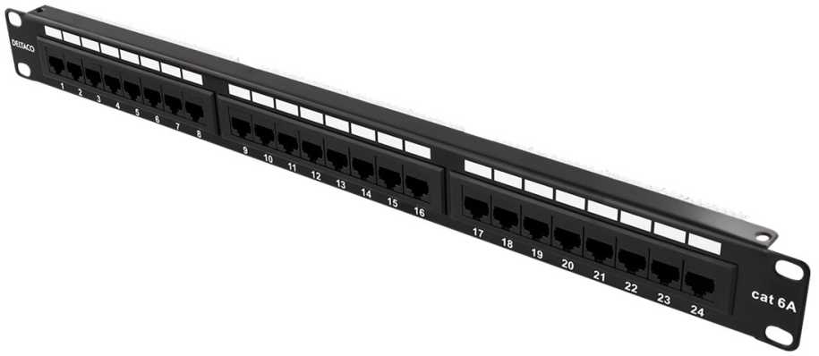 Deltacoimp DELTACO 19 "komutacinė panelė, 24xRJ45, Cat6a, UTP, 1U, 10Gbps, metalinė, juoda / PAN-124