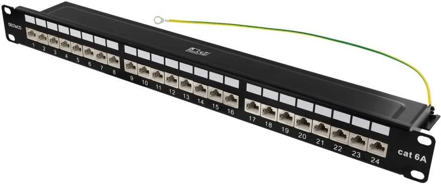 Komutacinė panelė Deltaco, 24xRJ45, Cat6a, 10Gbps, 1U, 19 ", PAN-200