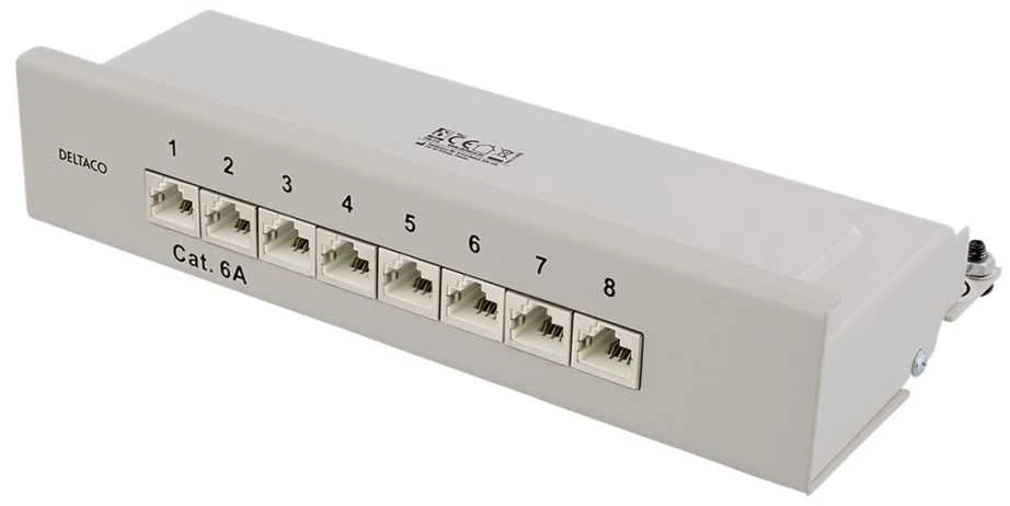 DELTACO Patch Panel, 8xRJ45, Cat6a, montuojamas ant sienos, 10Gbps, Krone terminalai, metalinis, pilkas / PAN-210