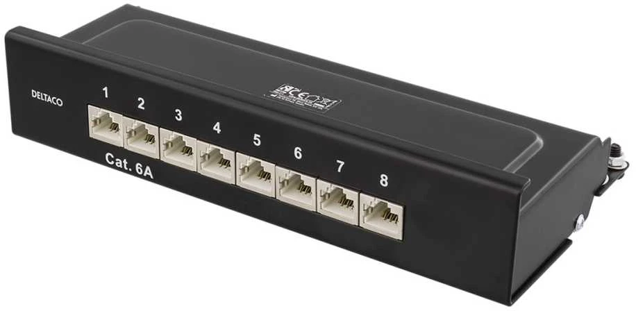DELTACO Patch Panel, 8xRJ45, Cat6a, Montuojamas ant sienos, 10Gbps, Krone terminalai, Metalas, Juodas / PAN-211