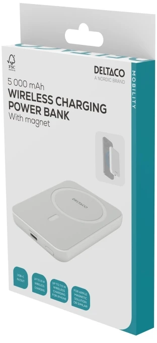 Išorinė baterija 5000 mAh DELTACO, bevielis įkrovimas, PD 20 W,magnetas,baltas / PB-Q1006 / 1903253