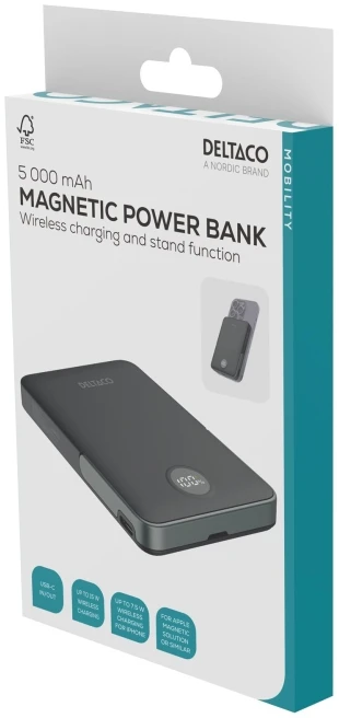 Išorinė baterija 5000 mAh DELTACO, su stoveliu, bevielė, PD 20 W, magnetas, juoda / PB-Q1007 / 1903254
