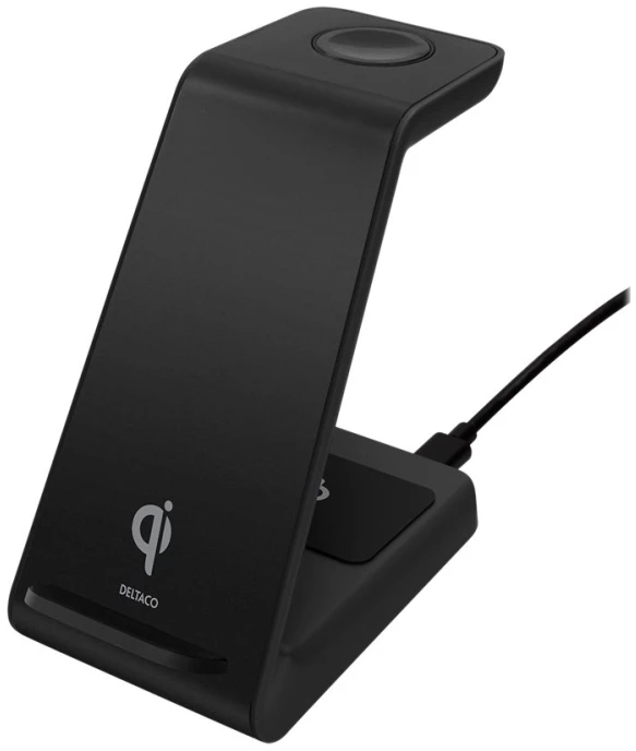 3-in-1 belaidis įkroviklis DELTACO 15 W, USB-C, Qi sertifikuotas, LED indikatorius, juodas / QI-1037