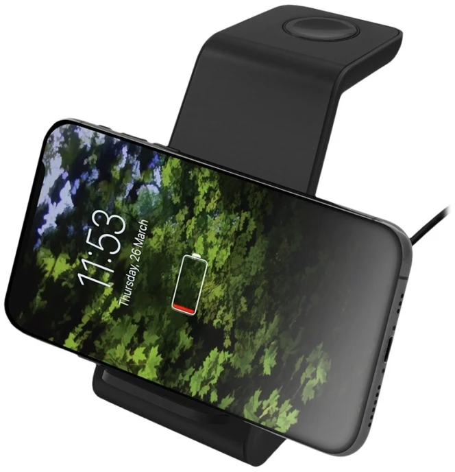 3-in-1 belaidis įkroviklis DELTACO 15 W, USB-C, Qi sertifikuotas, LED indikatorius, juodas / QI-1037