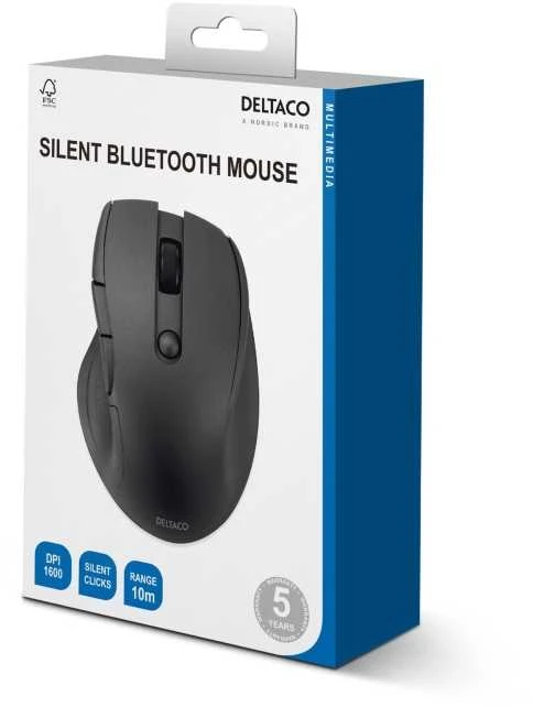 Tyli Bluetooth DELTACO pelė, 5 mygtukai, 600-1200 DPI, juoda / MS-906