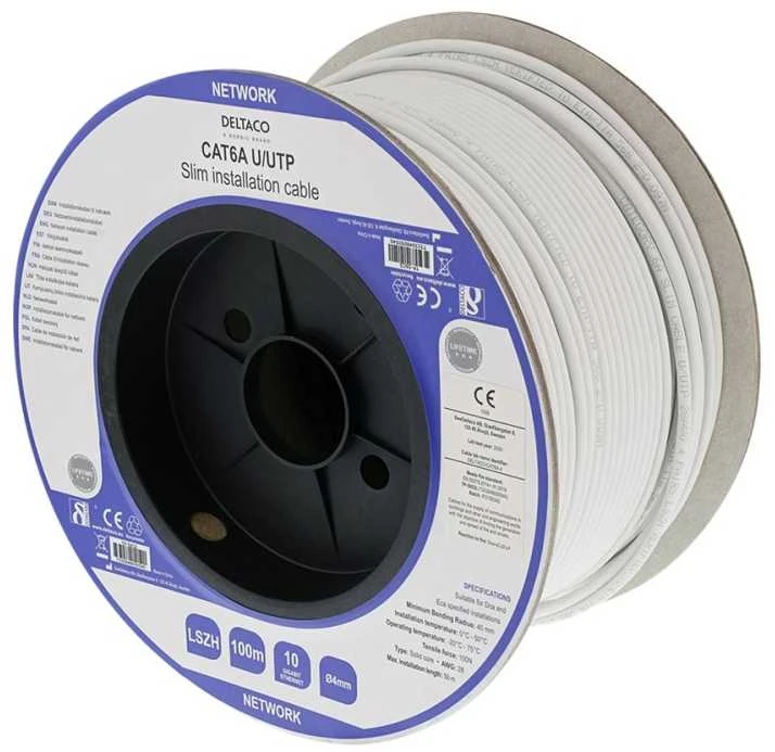 Instaliacinis kabelis DELTACO U / UTP Cat6a, 100m, 28AWG, plonas, 500MHz, Delta sertifikuotas, LSZH, baltas / TP-56CS