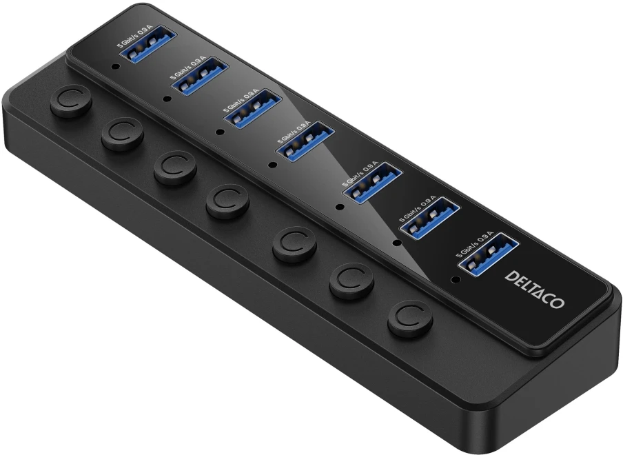 USB-A šakotuvas DELTACO, 7 USB-A prievadai, maitinimo jungikliai, maitinimo šaltinis pridėtas, juodas / UH-739 / 1903172
