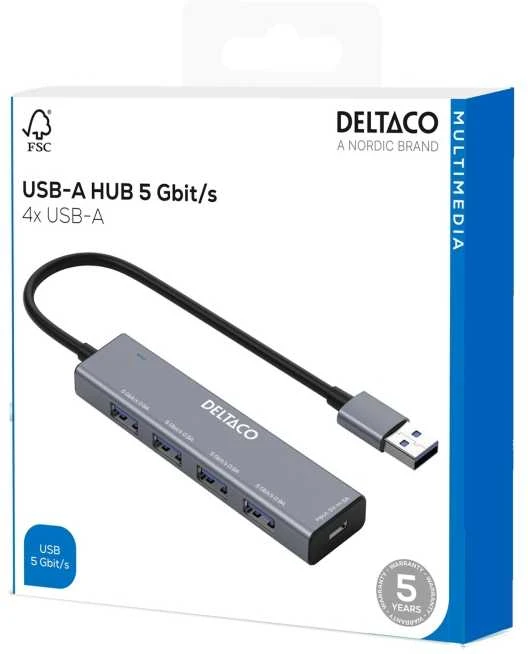 Deltaco USB-A šakotuvas 4 portų pakuotėje