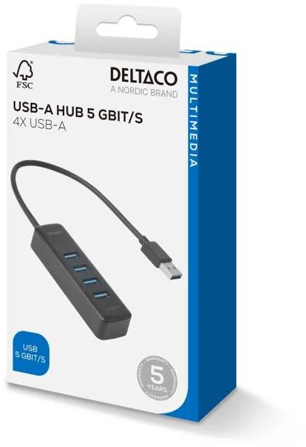 Deltaco USB-A šakotuvas pakuotėje