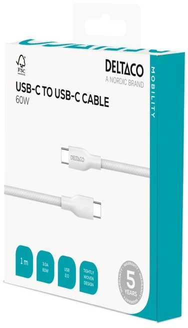 USB-C į USB-C kabelis DELTACO, 1m, USB 2.0, baltas, pintas, SPR 3A/60W / IPLH-1010 / 1902626