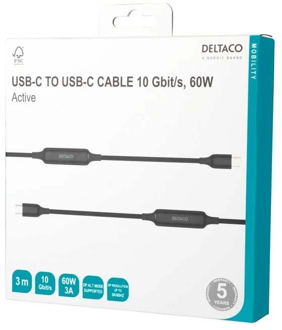 Kabelis DELTACO USB-C C-C aktyvus, 10Gbps, 3A, 3m / 1902002