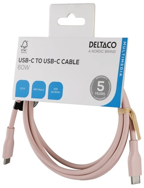 Deltaco USB-C - C USB2.0 SPR kabelis, silikoninis, 1,5 m, rožinis