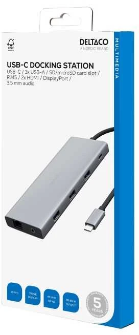 12-in-1 USB-C jungčių stotelė DELTACO, Triple display, 4K UHD 60 Hz, PD 85 W, sidabrinis / USBC-HDMI27 / 1902422