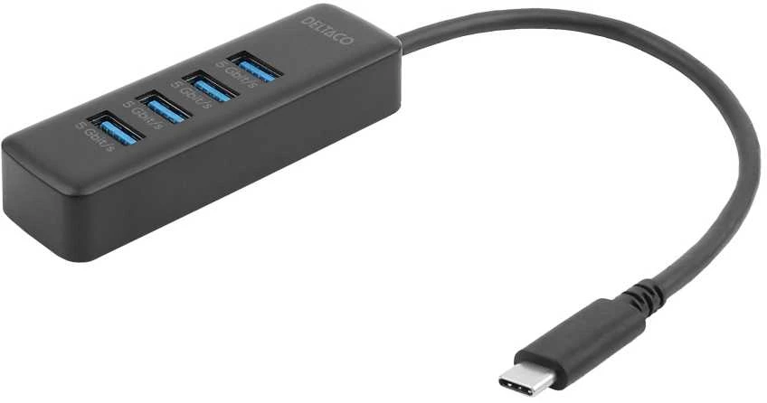 USB-C hub DELTACO, 5 Gbps, 4x USB-A, slim, juodas / USBC-HUB202 / 1902427