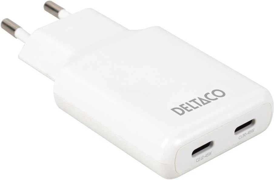 Deltaco dvigubas USB-C sieninis įkroviklis