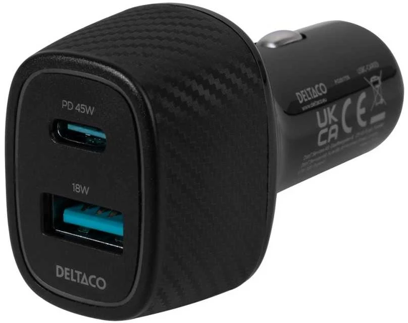USB automobilinis kroviklis DELTACO 1x USB-A 18 W, 1x USB-C PD 45 W, viso 63 W / USBC-CAR123