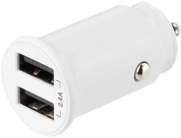 DELTACO 12/24 V USB įkroviklis su dvigubomis USB-A jungtimis, 2,4 A, 12 W, baltas USB-CAR125