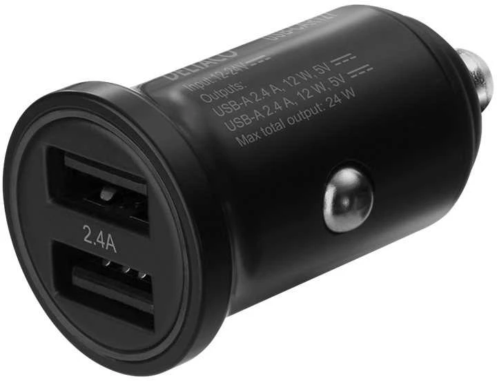 Automobilinis įkroviklis DELTACO 12/24 V USB su dviem USB-A jungtimis, 24 W, juodas USB-CAR127