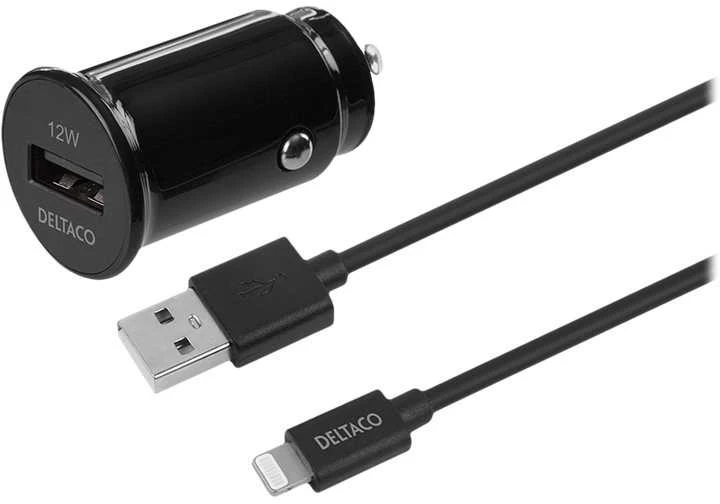 USB automobilinis įkroviklis DELTACO 1x USB-A 2,4 A, 1 m Lightning laidas, juodas / USB-CAR130